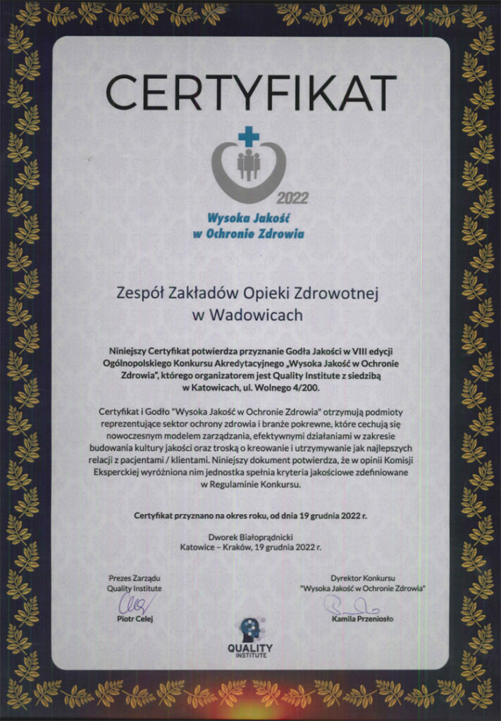 ZZOZ w Wadowicach z certyfikatem „Wysoka Jakość w Ochronie Zdrowia”!